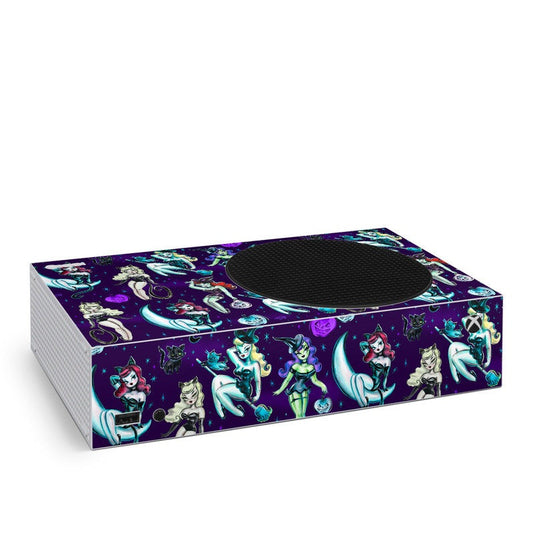 Purple Xbox Series S skin with witch and cat graphics and round controller cutout