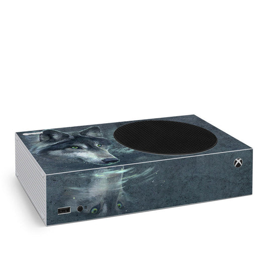 Xbox Series S skin with reflective wolf graphic and cutout for top speaker