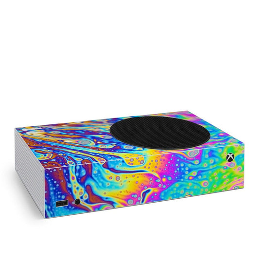 Xbox Series S skin with colorful abstract rainbow design on console top