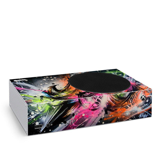Xbox Series S skin with colorful graffiti graphic and circular top cover