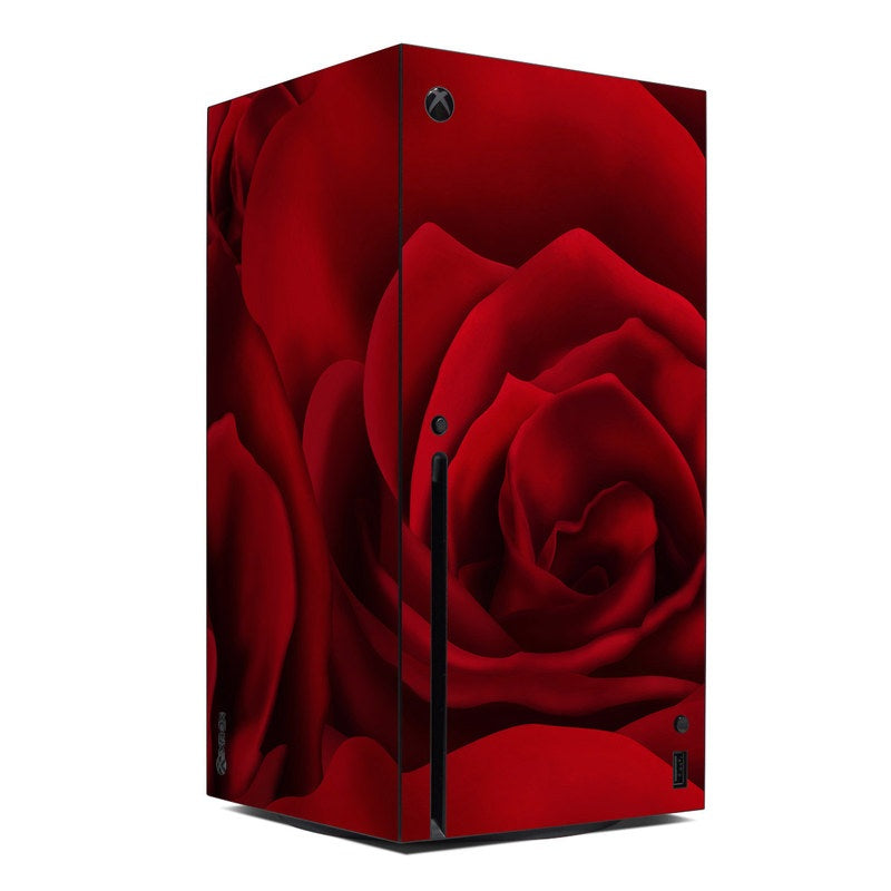 Xbox Series X skin with red rose and abstract floral pattern, centered Xbox logo