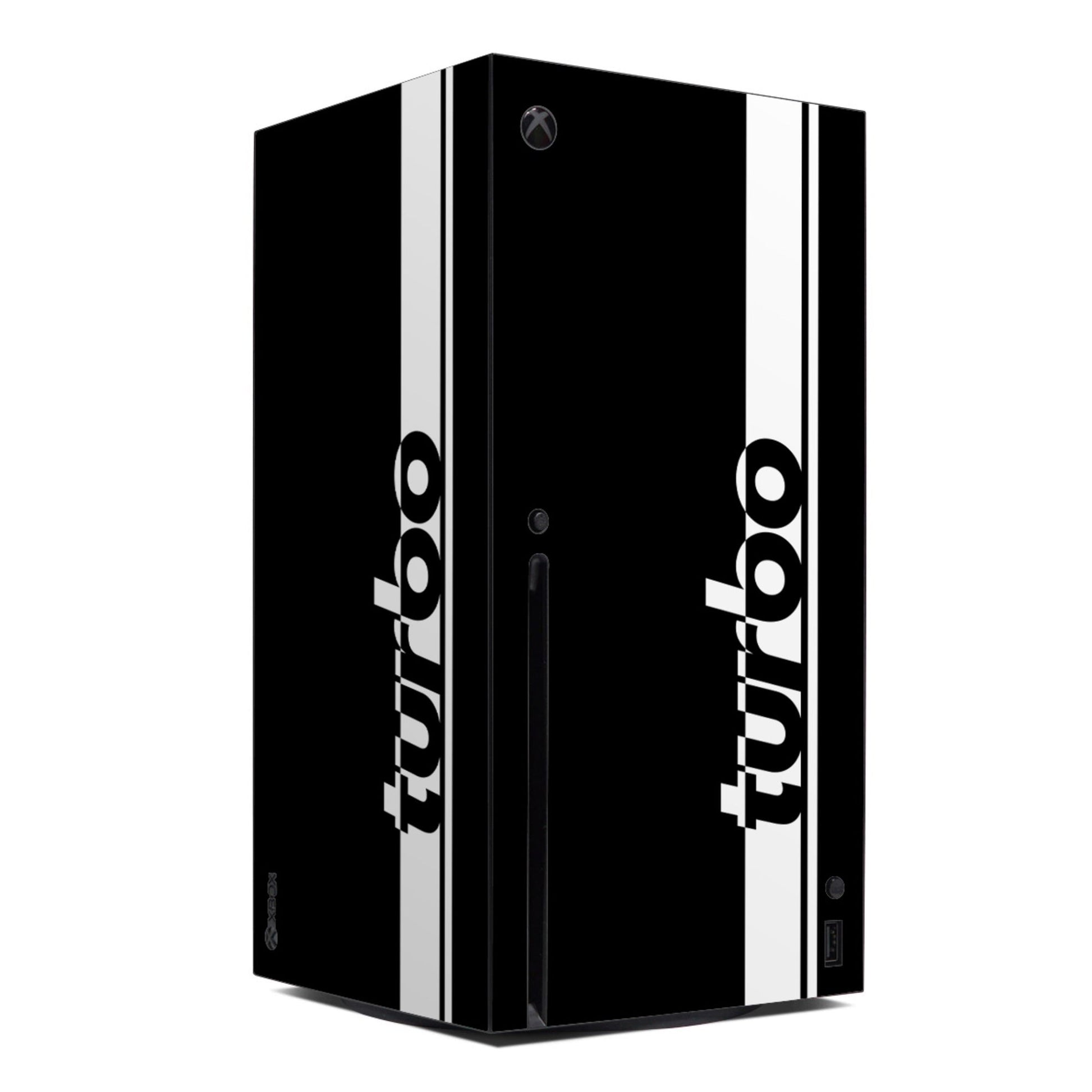 Xbox Series X console skin in black with white stripe accents and Xbox logo