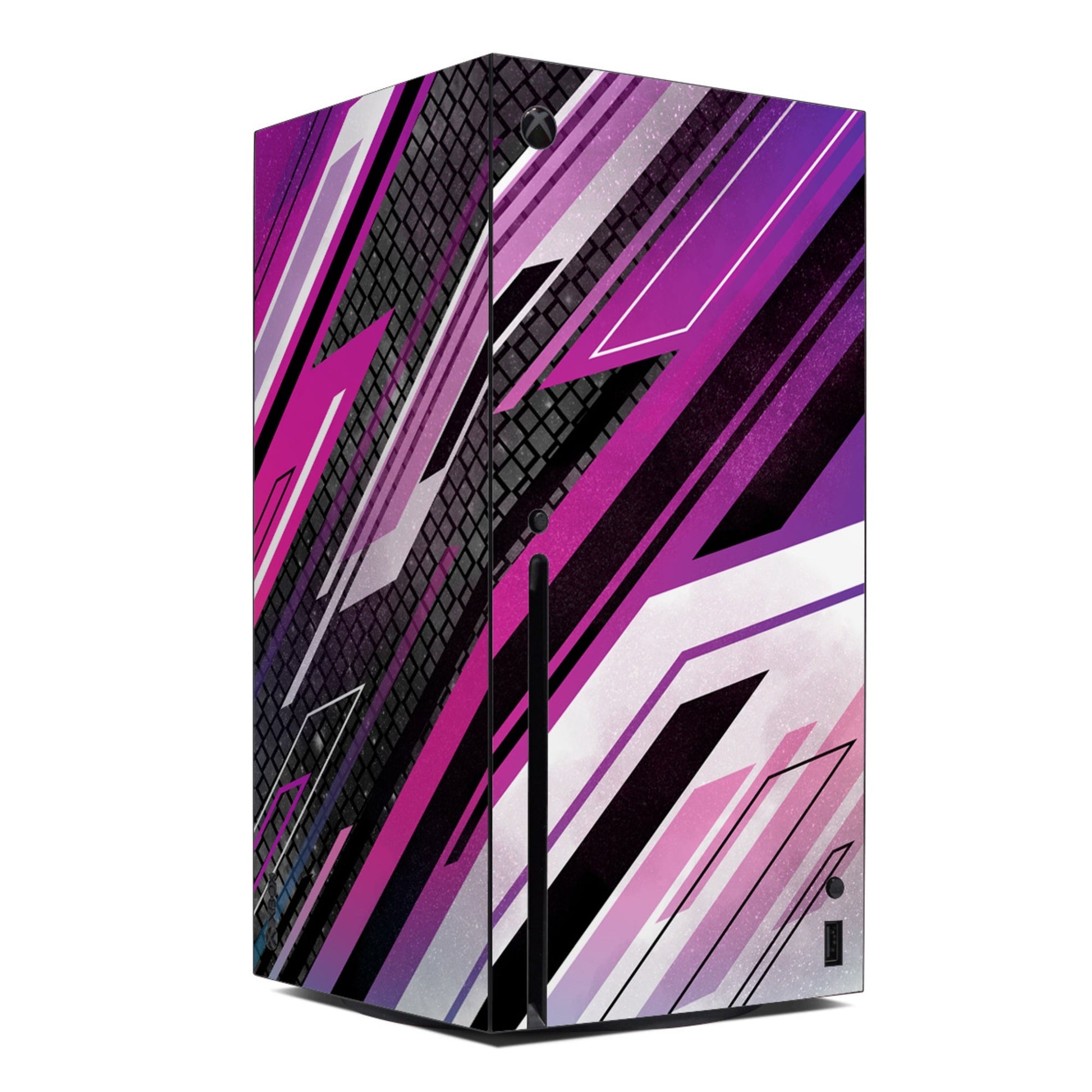 Brappp Xbox Series X console skin with purple, black, and white geometric stripes