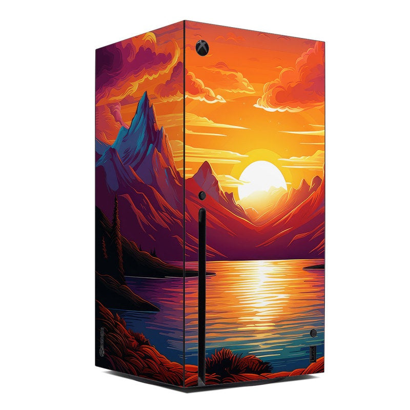 Xbox Series X skin with orange sunset mountains and reflective water design