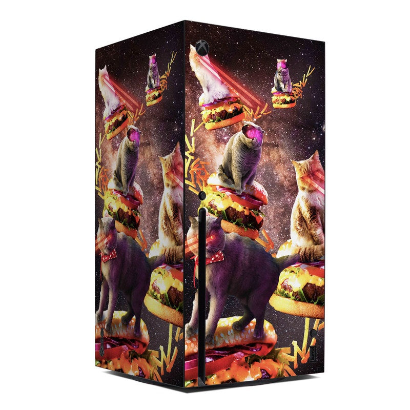 Xbox Series X skin with cartoon cats holding burgers and neon accents
