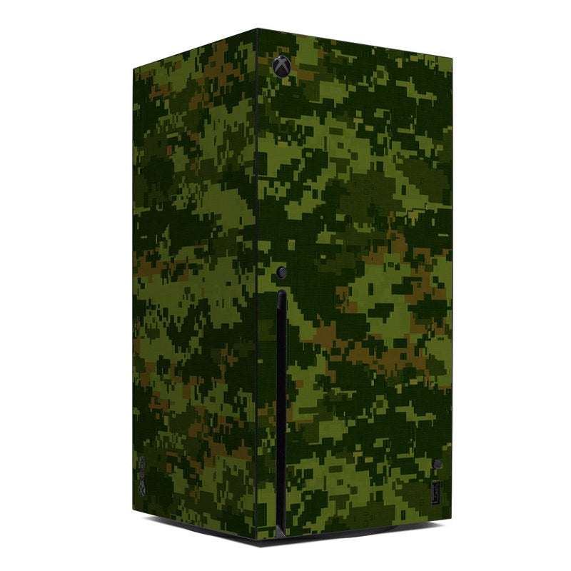 Green pixel camouflage Xbox Series X skin with front center logo cutouts