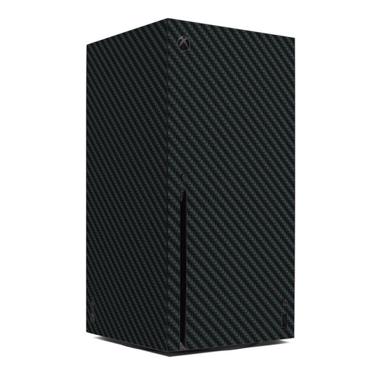 Xbox Series X console skin with dark carbon fiber pattern and Xbox logo cutout