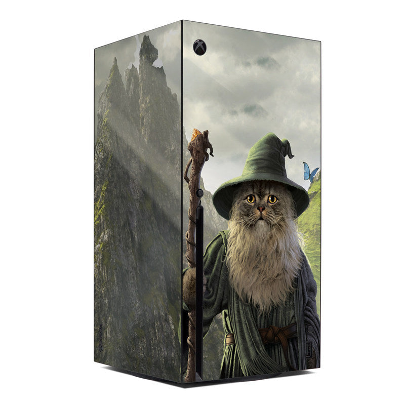Xbox Series X console skin with wizard cat graphic wrap, corner view