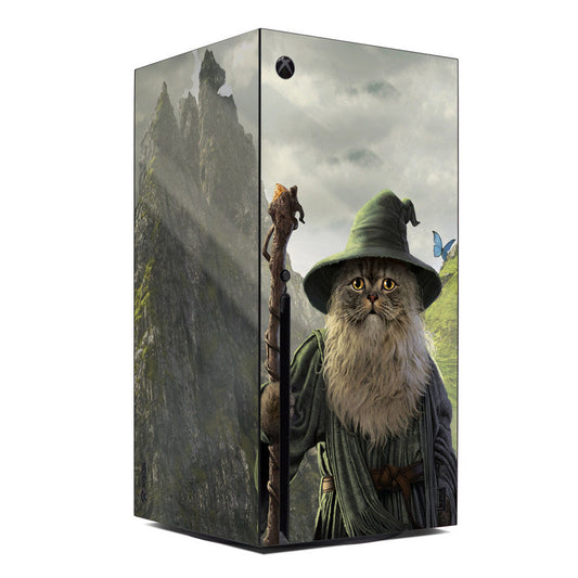 Xbox Series X console skin with wizard cat graphic wrap, corner view