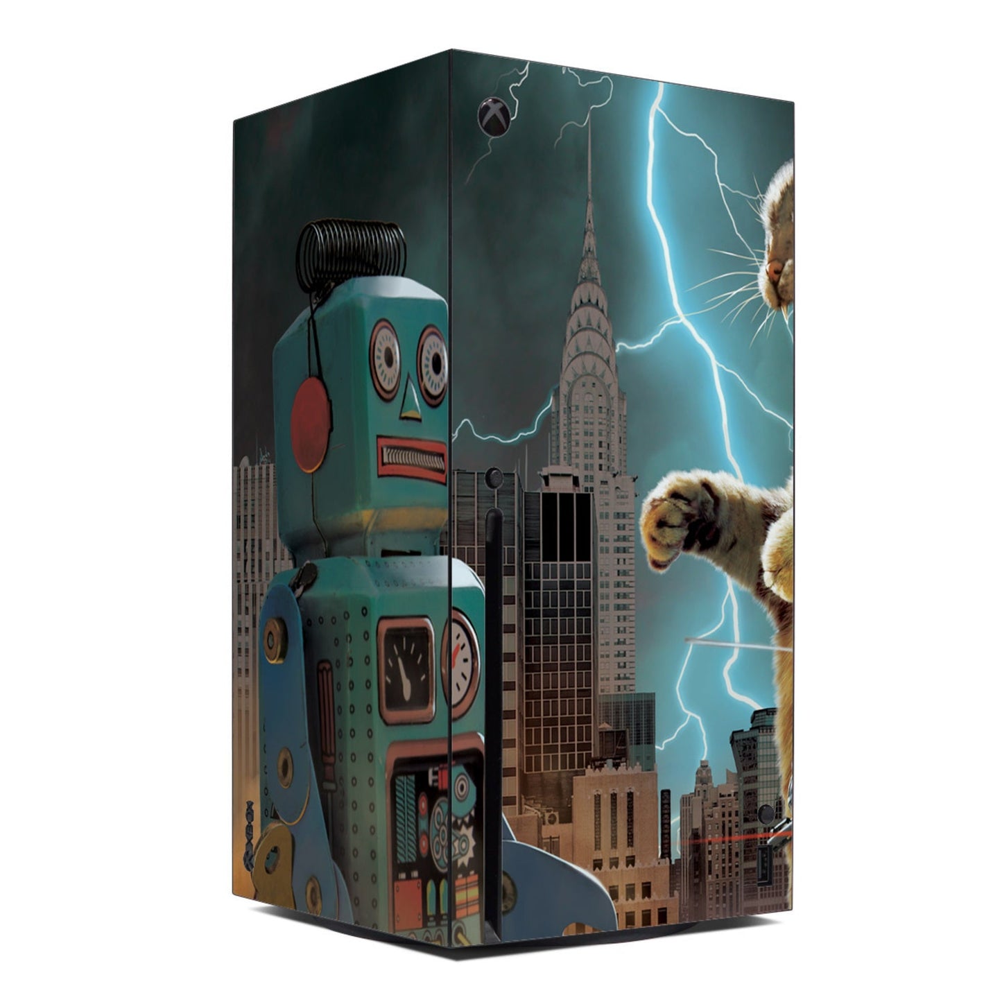 Xbox Series X skin: cat and robot over city skyline with lightning