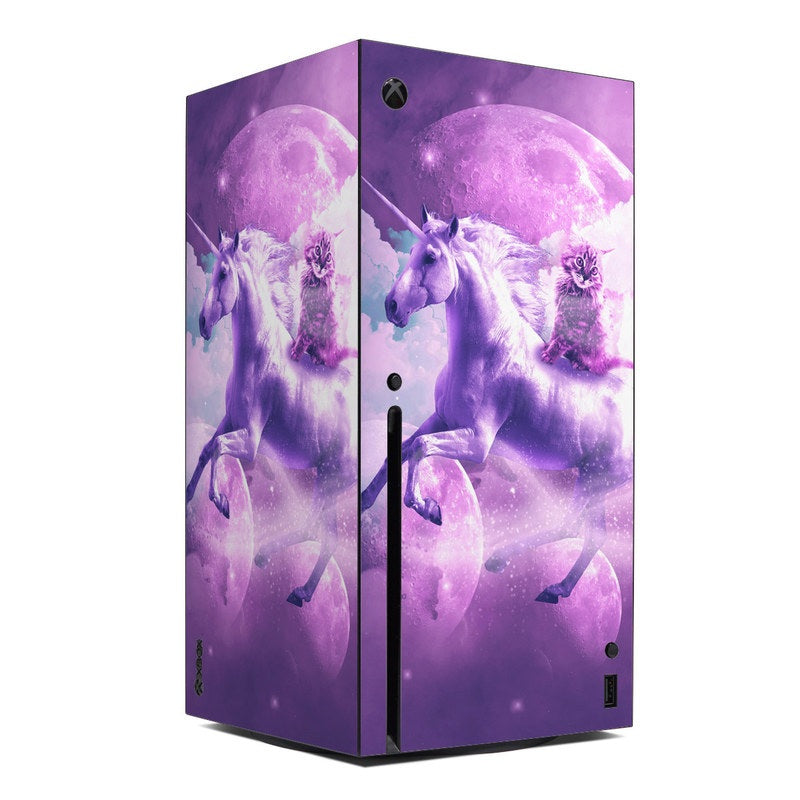 Xbox Series X console skin with purple unicorn and cat graphic, centered black Xbox logo