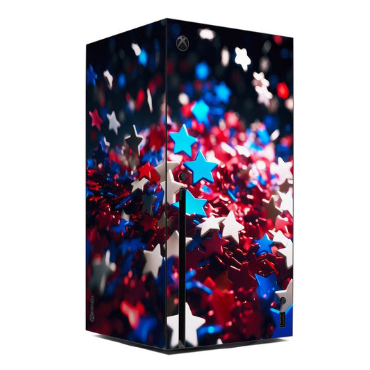 Xbox Series X console skin with red, white, and blue star confetti graphic