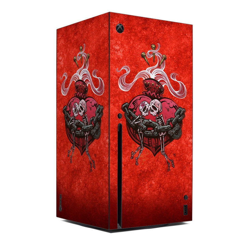 Xbox Series X skin, red with two cartoon octopus skull gaming characters graphic