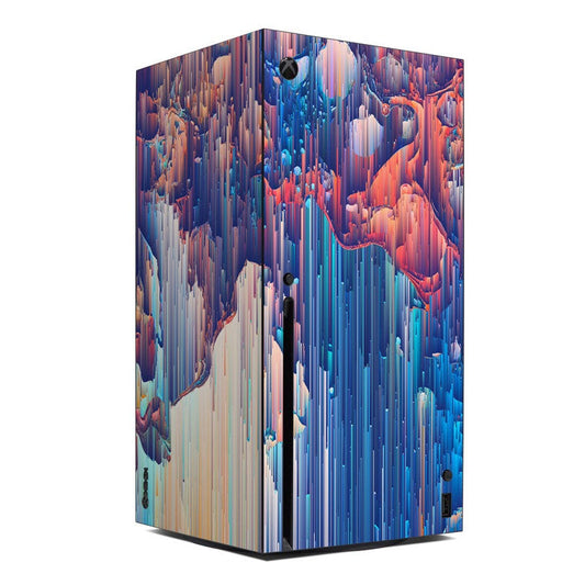 Xbox Series X console skin with colorful cloud glitch vertical streak pattern