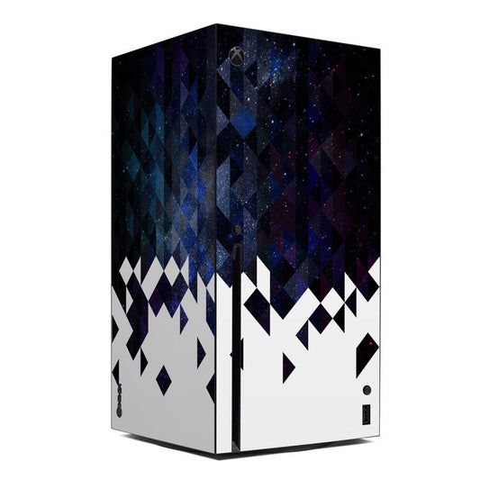 Xbox Series X console skin with galaxy geometric blue, purple, and white pattern
