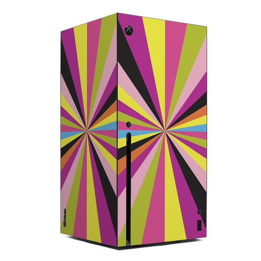 Xbox Series X skin with colorful starburst stripes in purple, pink, yellow, and green