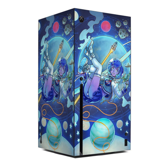 Xbox Series X console skin with blue space character artwork and planets, controller icons
