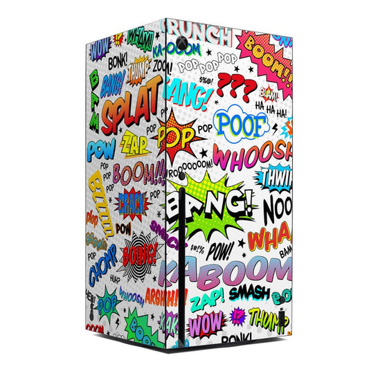 Xbox Series X console skin with colorful comic speech bubbles and pop-art graphics