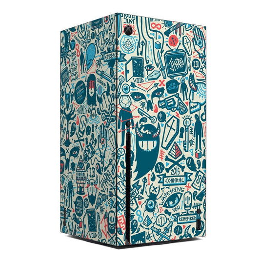 Xbox Series X console skin with colorful pixel-and-game icon pattern