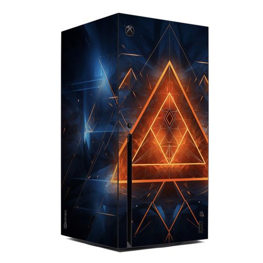 Xbox Series X console skin with dark geometric triangles in blue and orange