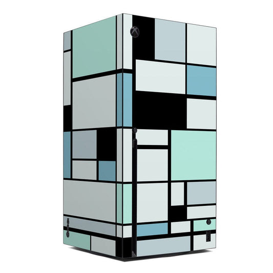 Xbox Series X skin with geometric patchwork squares in light teal and white