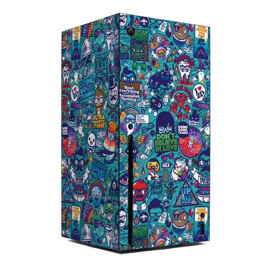 Xbox Series X console skin with teal, purple, and multicolor cartoon space pattern