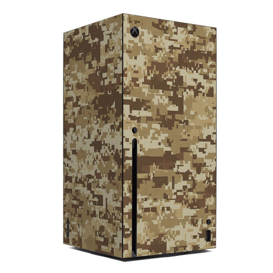 Xbox Series X skin with brown, tan, and dark camo pattern, printed over console panels