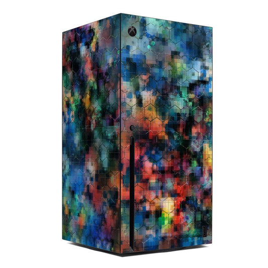 Xbox Series X console skin, colorful circuit board pixel art with Xbox logo