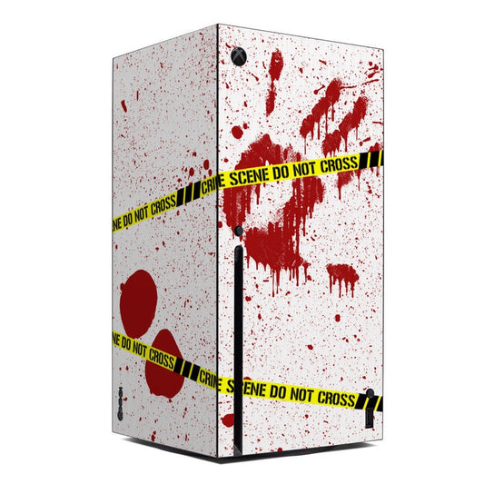 Xbox Series X console skin with red splatter, warning tape, and crime-scene text