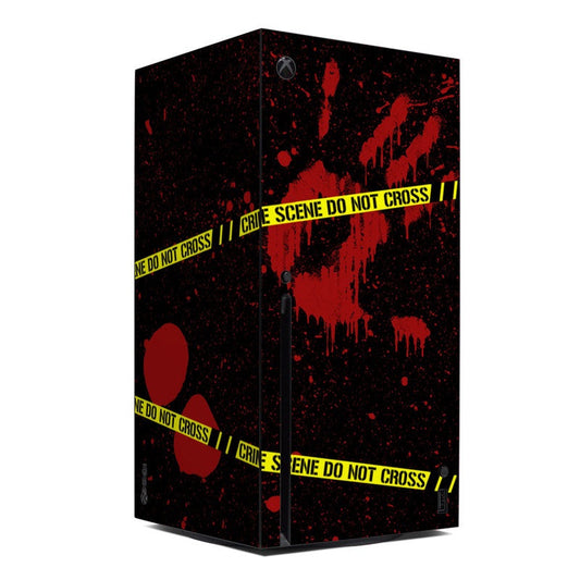 Xbox Series X console skin, black and red crime-scene graphic with warning tape
