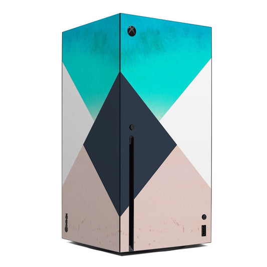Xbox Series X console skin with geometric teal and navy triangle graphics