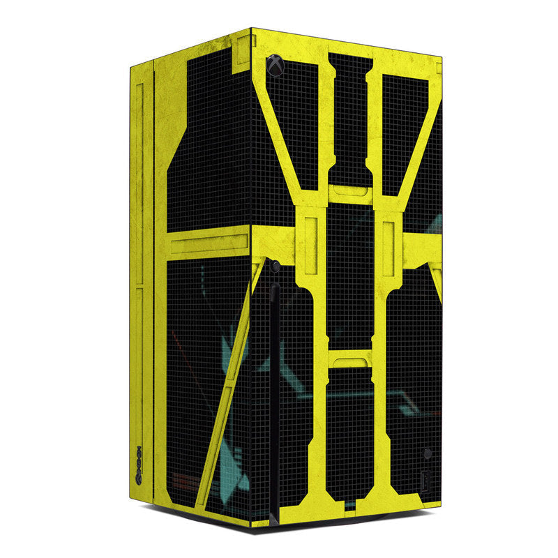 Cybernetik Xbox Series X skin, yellow and dark geometric grid design