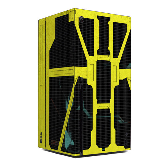 Cybernetik Xbox Series X skin, yellow and dark geometric grid design