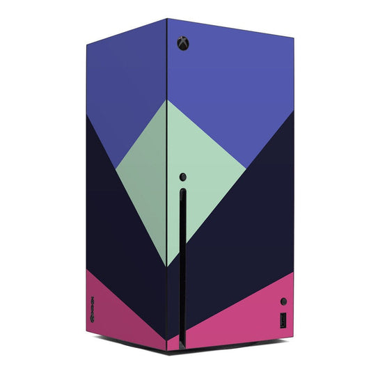 Xbox Series X skin with geometric purple/blue, mint, and magenta panels