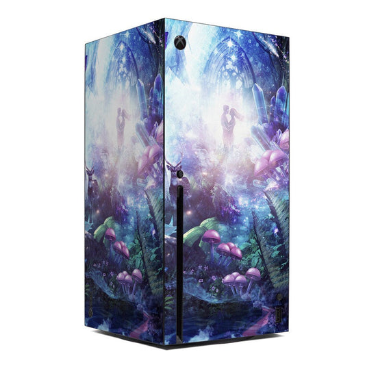 Microsoft Xbox Series X skin with purple-blue fantasy game scene artwork