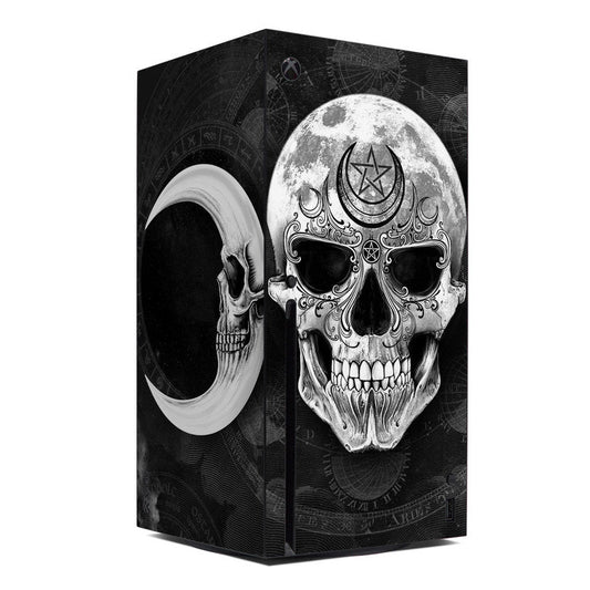 Xbox Series X skin with dark skull artwork in black and silver tones