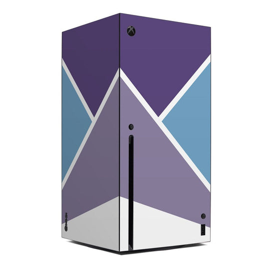 Xbox Series X console skin with purple, blue, and white geometric V pattern