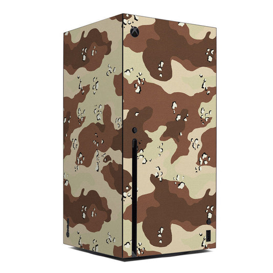 Xbox Series X console skin with desert camo pattern in tan and brown.