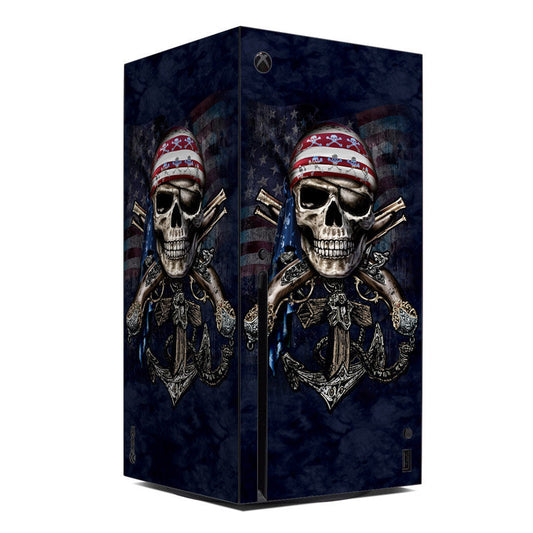 Xbox Series X console skin with dark blue skull-and-corsair artwork