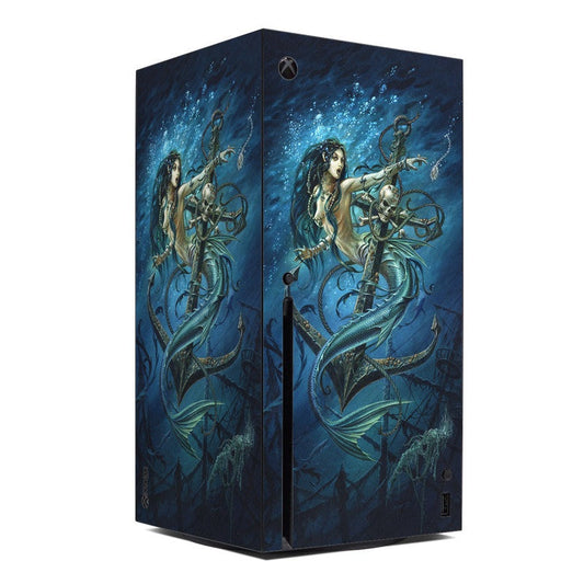 Xbox Series X skin with dark blue ocean artwork and mermaid illustration, two-panel wrap