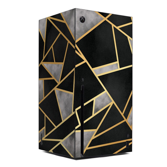 Xbox Series X console skin with black and gray geometric pattern, gold lines, button cutouts