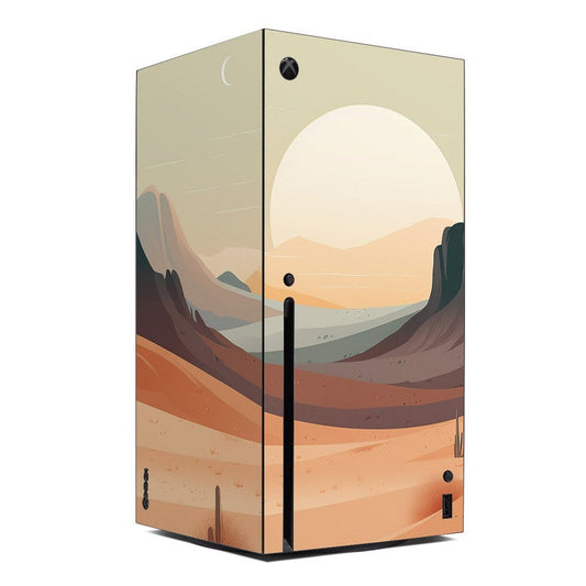 Xbox Series X console skin with desert mountain artwork and circular sun graphic