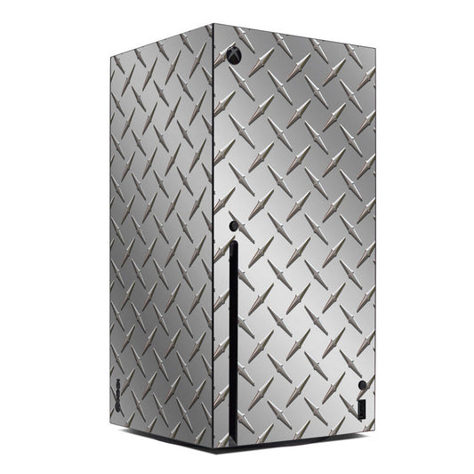 Xbox Series X console skin with silver diamond-plate pattern and cutout openings