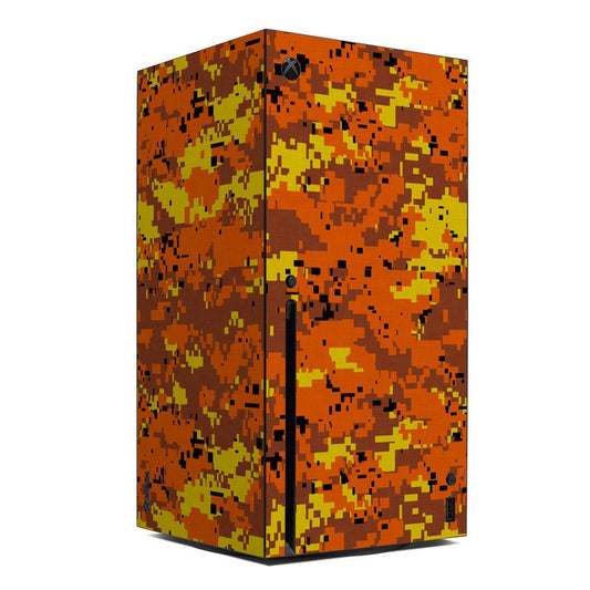 Orange pixel camo Xbox Series X console skin with Xbox logo and camo pattern panels