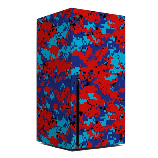 Xbox Series X skin with red, blue, and dark camo pixel pattern and central power symbol