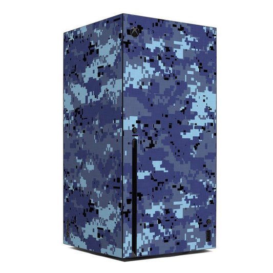 Digital sky camo Xbox Series X console skin with pixelated blue and purple pattern