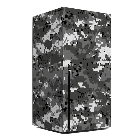 Microsoft Xbox Series X skin with dark urban camo pattern in gray and white