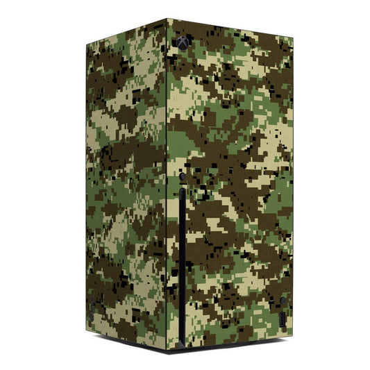 Xbox Series X console skin with digital woodland camouflage pattern, green and brown