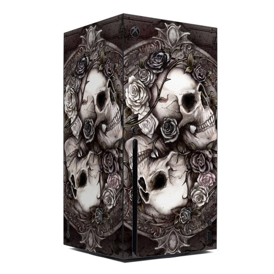 Xbox Series X skin with skull and rose artwork in dark grayscale tones