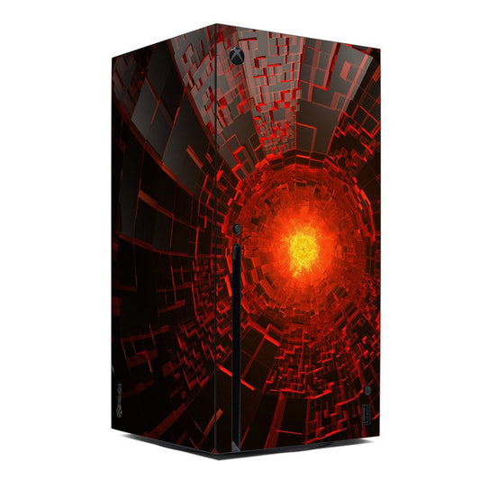 Xbox Series X skin with black and red geometric circuit design